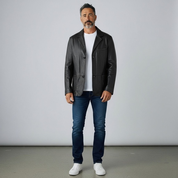 Vintage Black Genuine Leather Blazer Jacket – Men’s Size 42 L - Picture 1 of 7